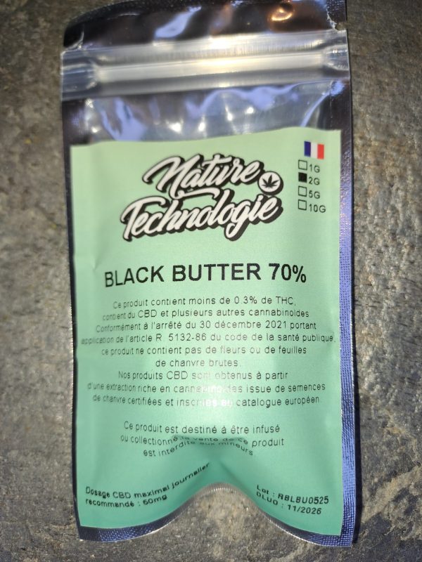 résine CBD Black Butter 70% texture grasse – arômes boisés et épicés – produit légal France